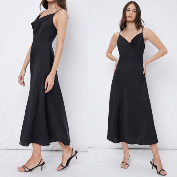 Black Satin Cami Dress Midi Adjustable Spaghetti Straps - Picture 1 of 8